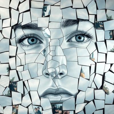 The primary subject of the image is a woman's face, which is made up of multiple smaller images of the same face. The setting is a cloudy sky, and the visual style appears to be a digital art or illustration. The colors and mood of the image are somewhat dark and moody, with the woman's face being the main focal point.